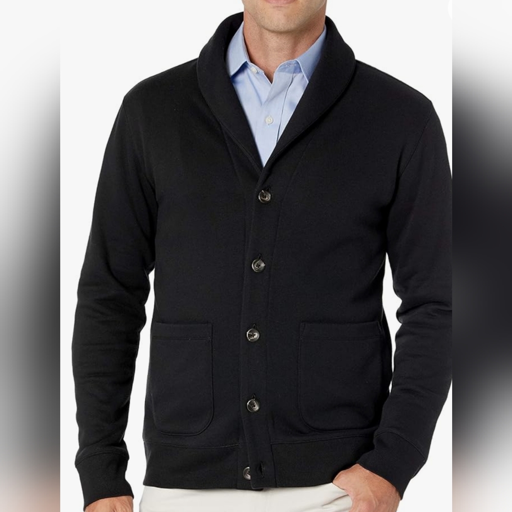 Amazon Essentials Men's Black Long-Sleeve Fleece Shawl-Collar Cardigan